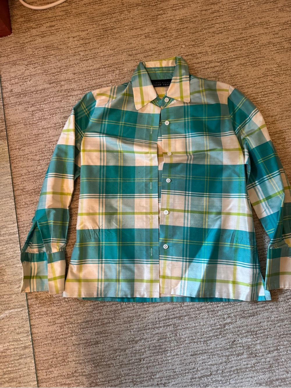 Ellen Tracy Teal, White and Lime Plaid Button-Front Shirt